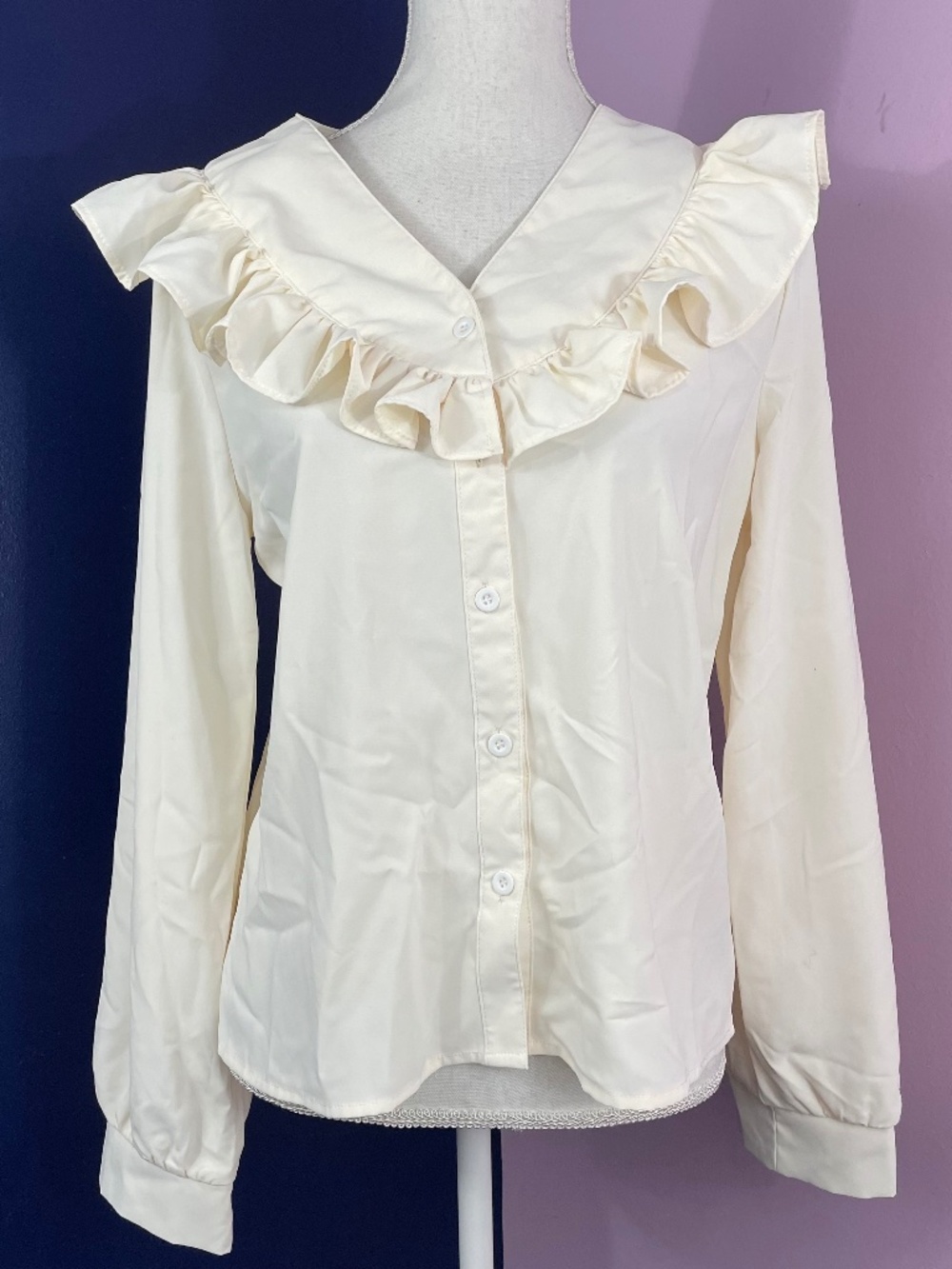 Victorian Ruffle Yoke Blouse M Cream Ivory Long Sleeve Button-up Shirt Top